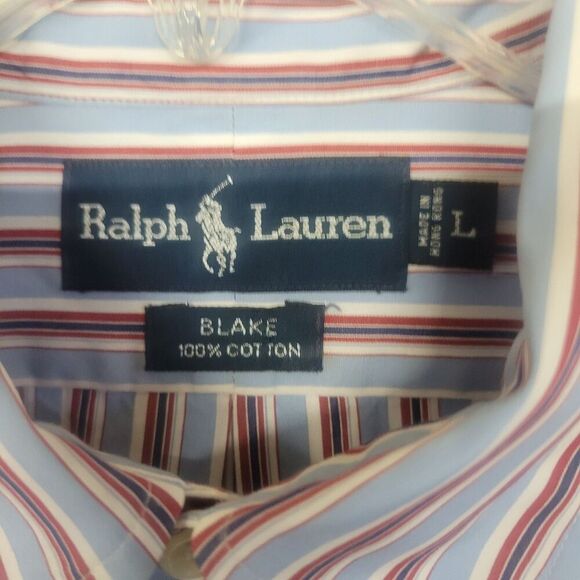 Polo Ralph Lauren Large Shirt Mens Large Button Blue Wide Stripe Blake Vintage - Picture 4 of 9